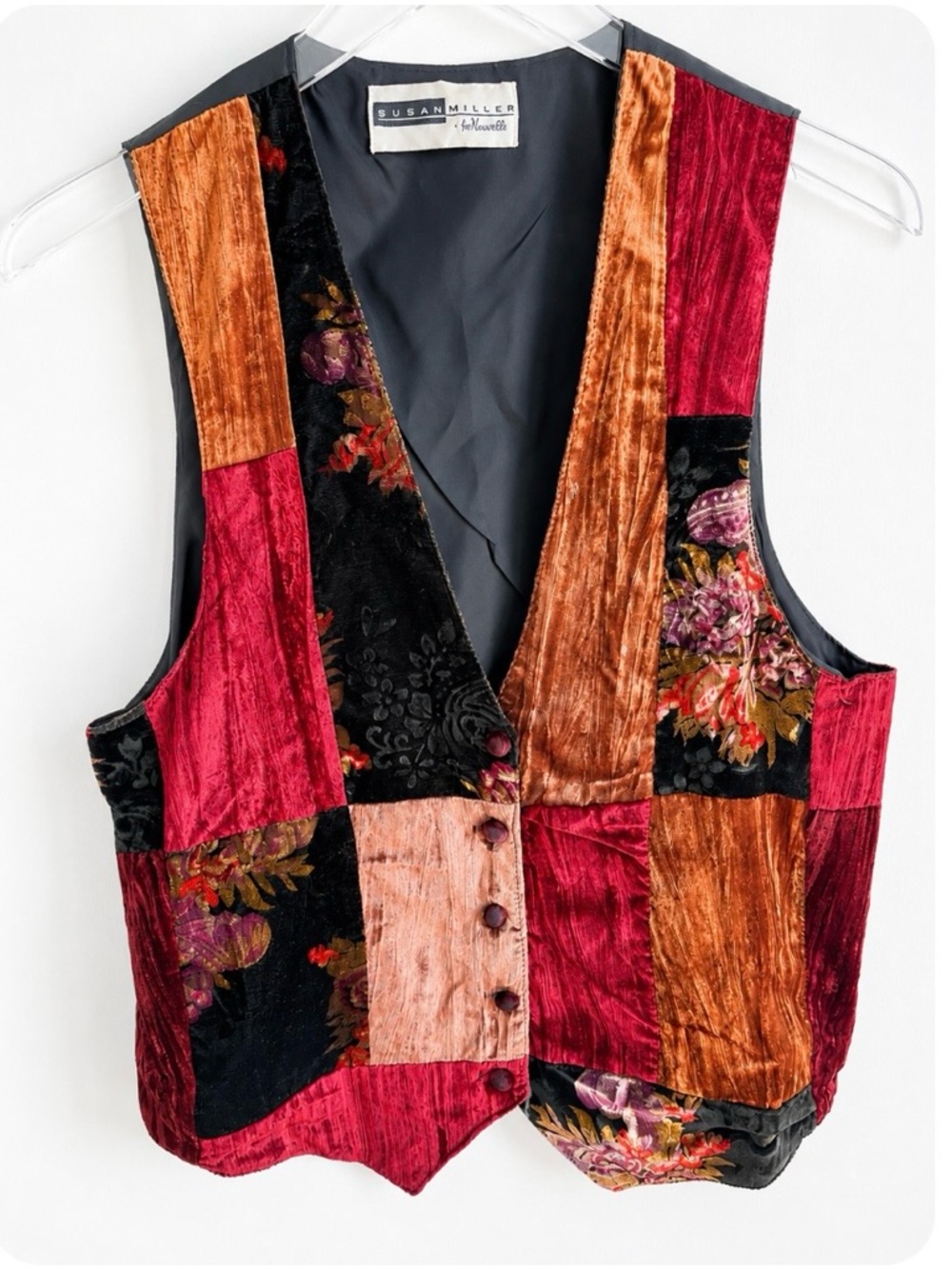 Vintage Susan Miller for Nouvelle Velvet Patchwork Floral Button Vest, S